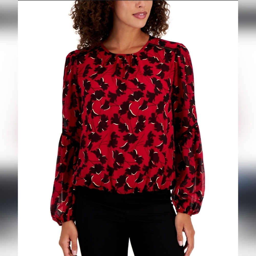 Tommy Hilfiger Red Floral Long Sleeve Blouse Work Office Business Casual Medium
